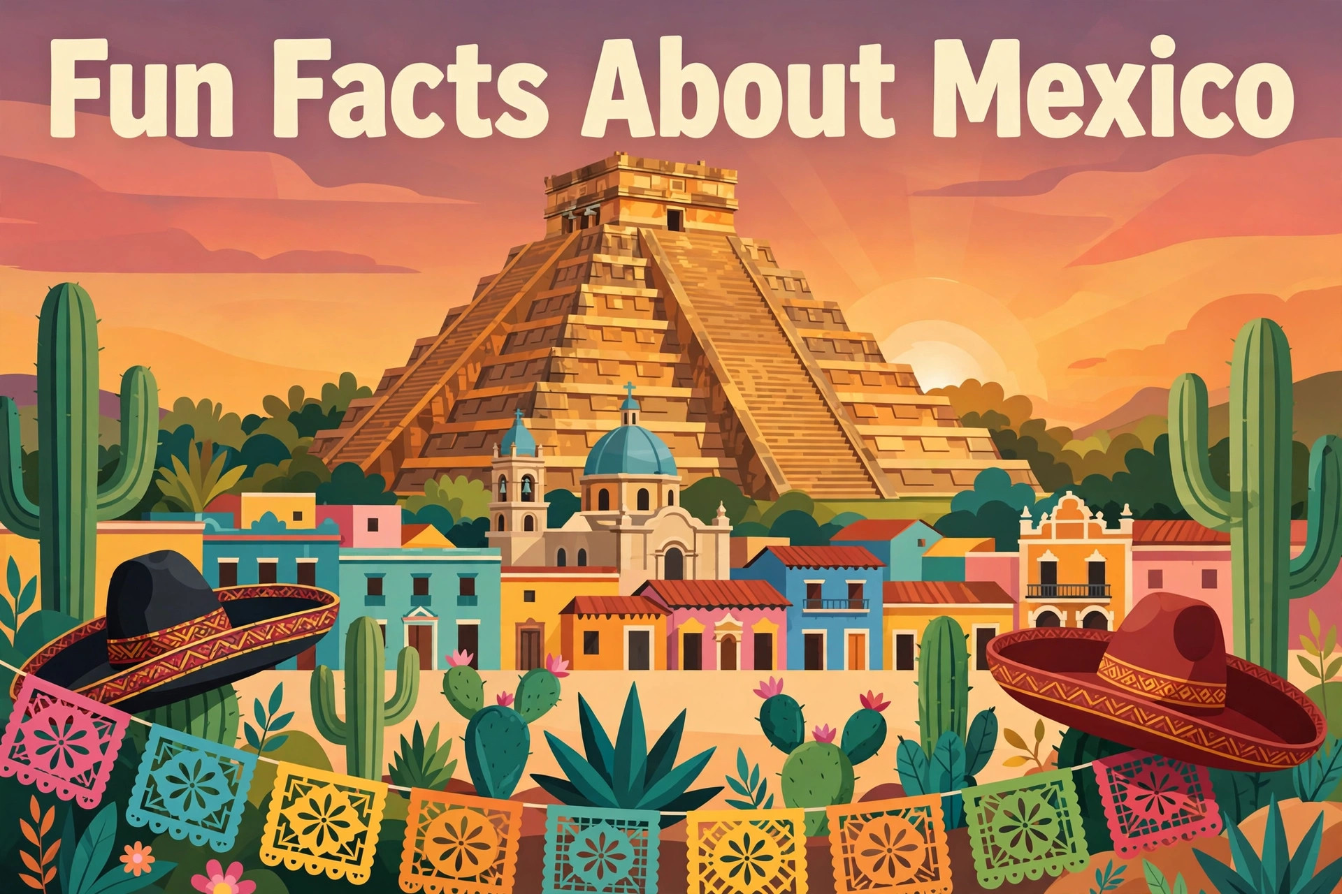 Illustrated cover for 'Fun Facts About Mexico' showing a Mayan pyramid, colorful colonial town, cacti, sombreros, and papel picado banners