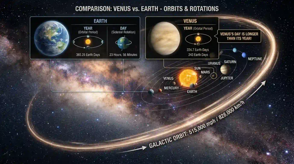 Compare Venus's day and year with Earth's day and year.