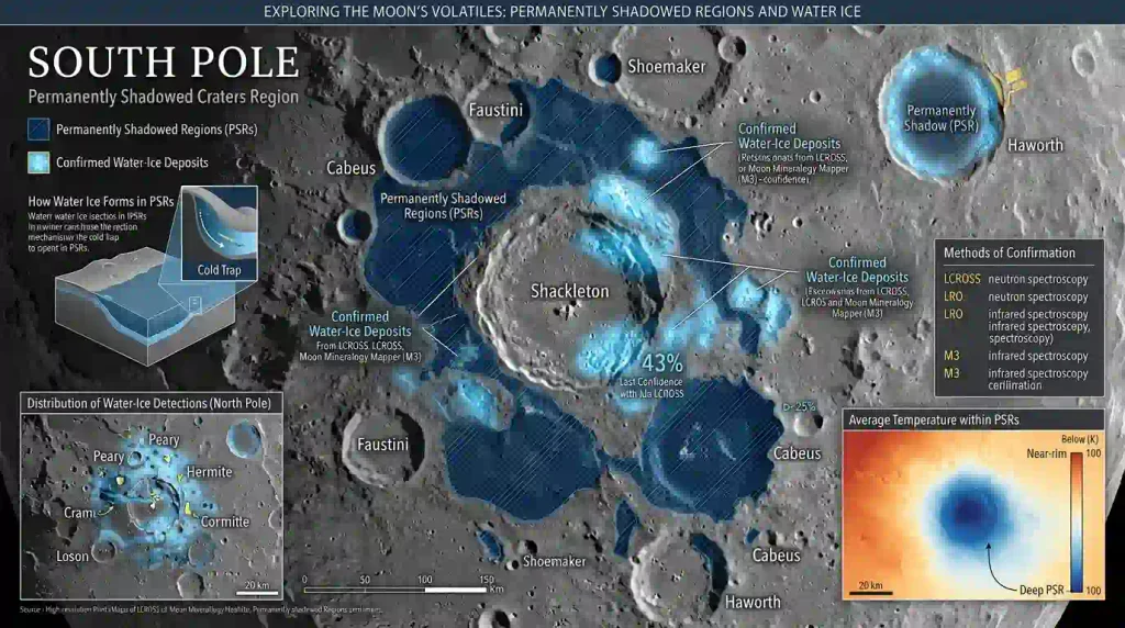 Show permanently shadowed lunar craters and confirmed water-ice regions.
