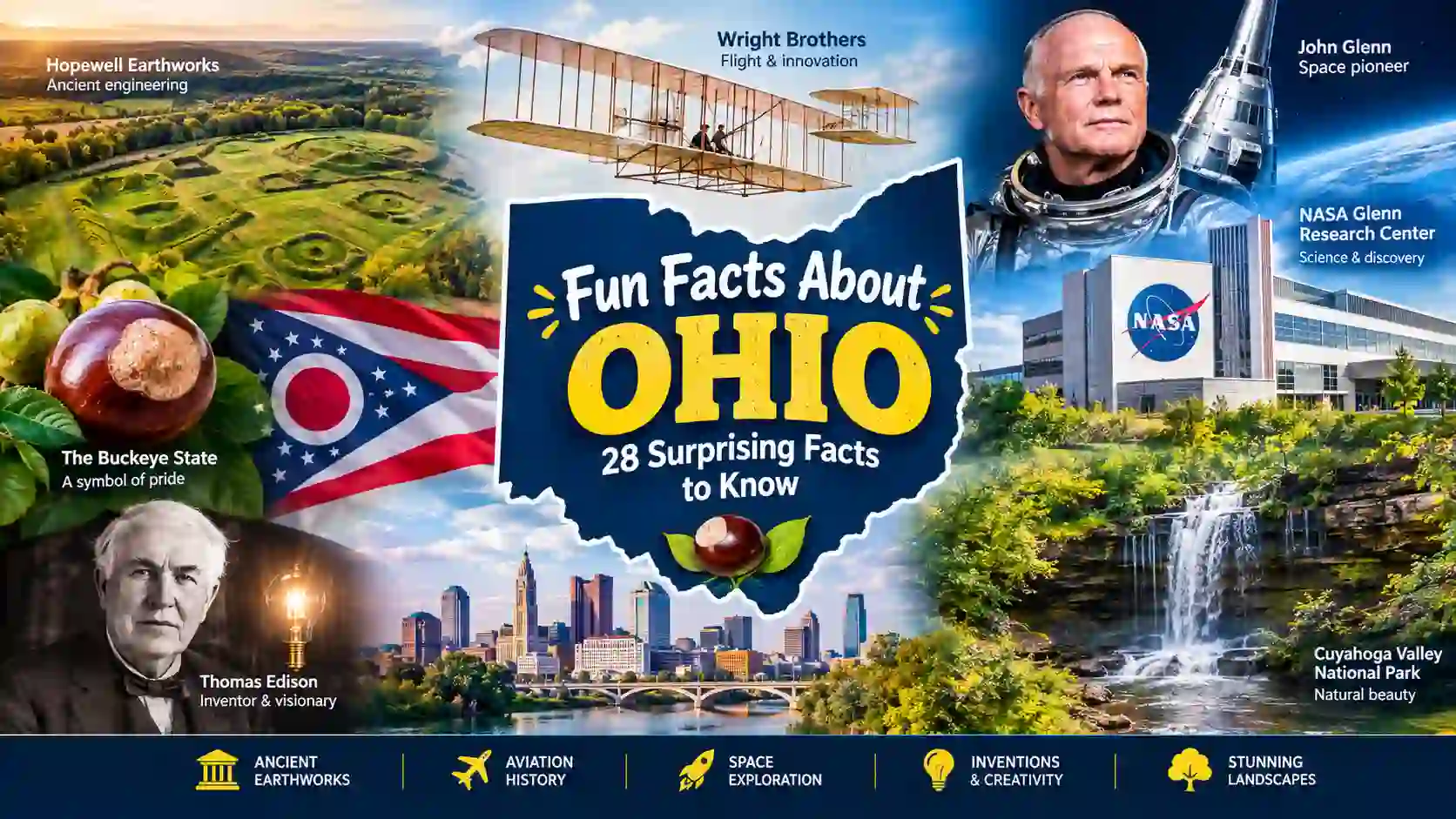 Illustrated cover for 'Fun Facts About Ohio' showing a vintage airplane, an astronaut, a waterfall, and the Ohio state flag