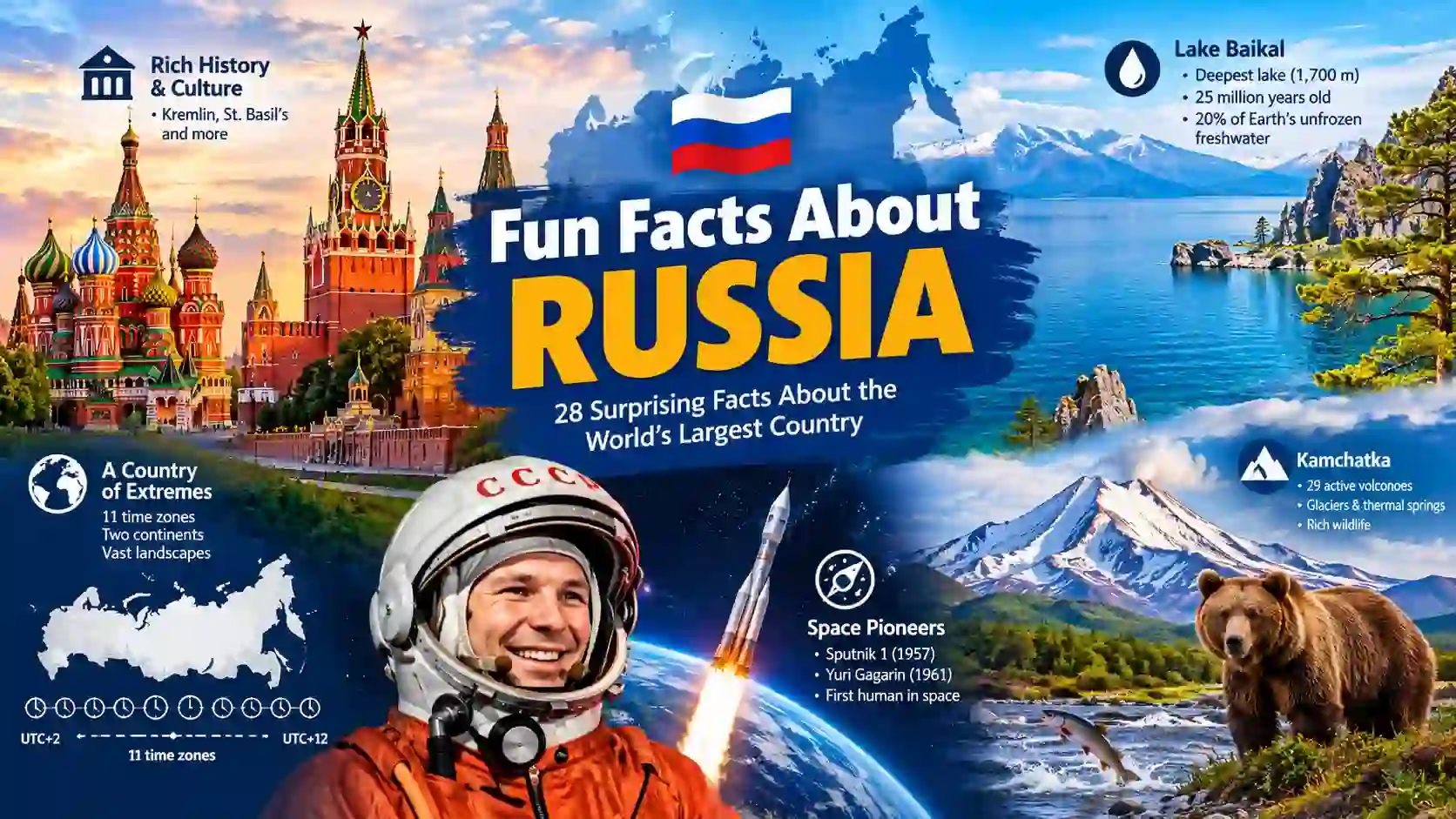 Illustrated cover for 'Fun Facts About Russia' showing St. Basil's Cathedral colorful domes and a cosmonaut helmet against a blue background