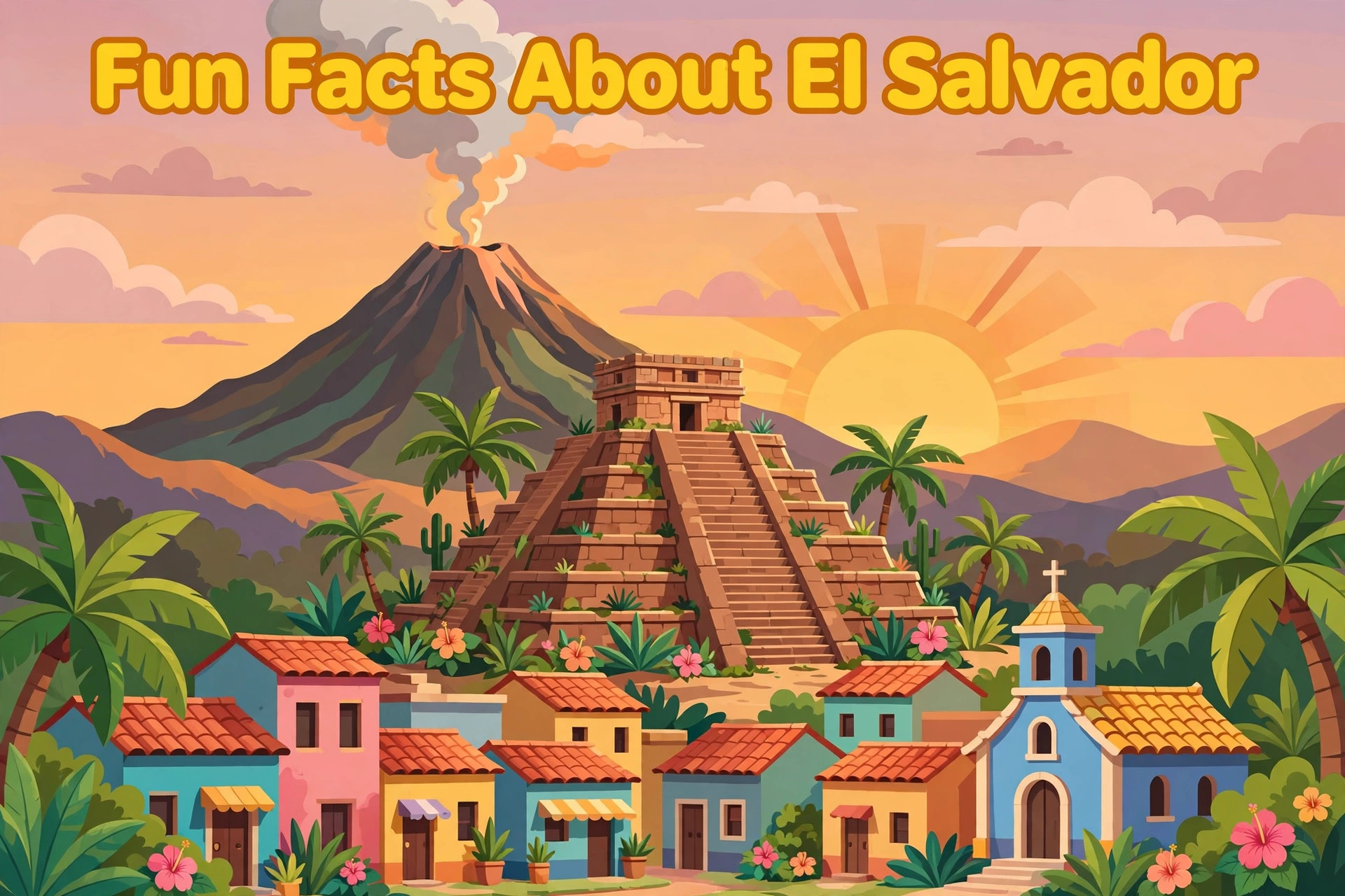 Illustrated cover for 'Fun Facts About El Salvador' showing a smoking volcano, Mayan pyramid ruins, and a colorful town